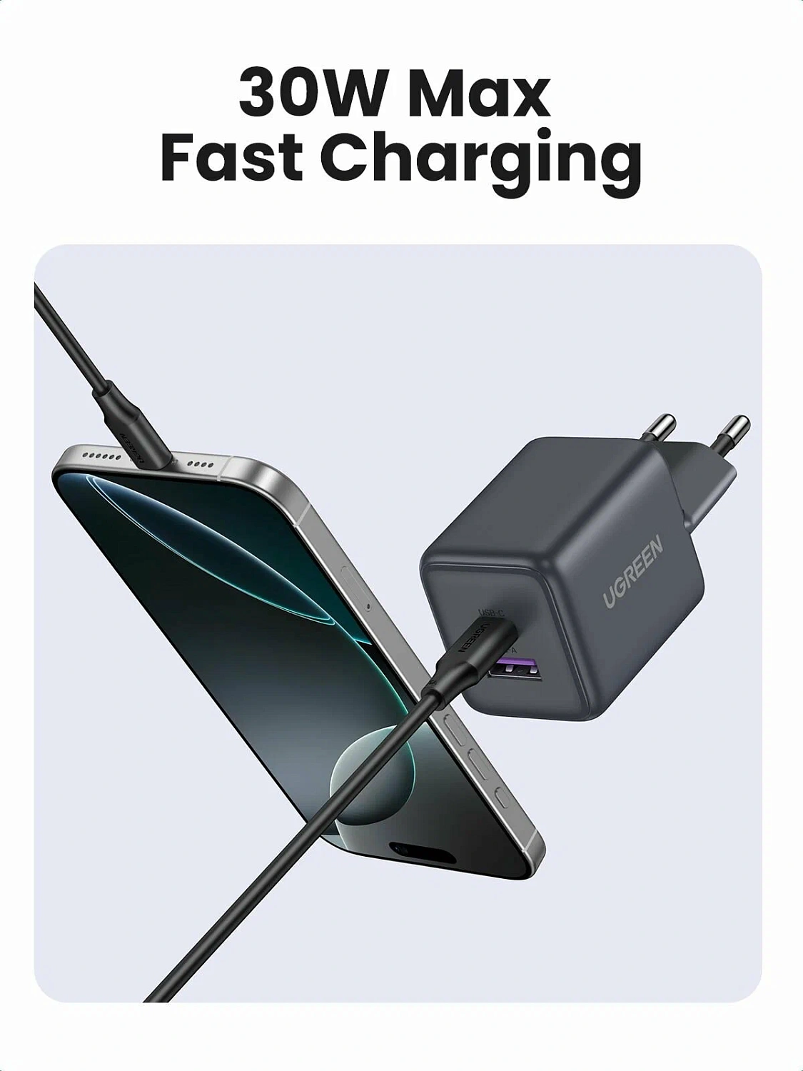 55539 Зарядное устройство UGREEN X516 GaN 30W 1xUSB-A, 1xUSB-C. Цвет: серый